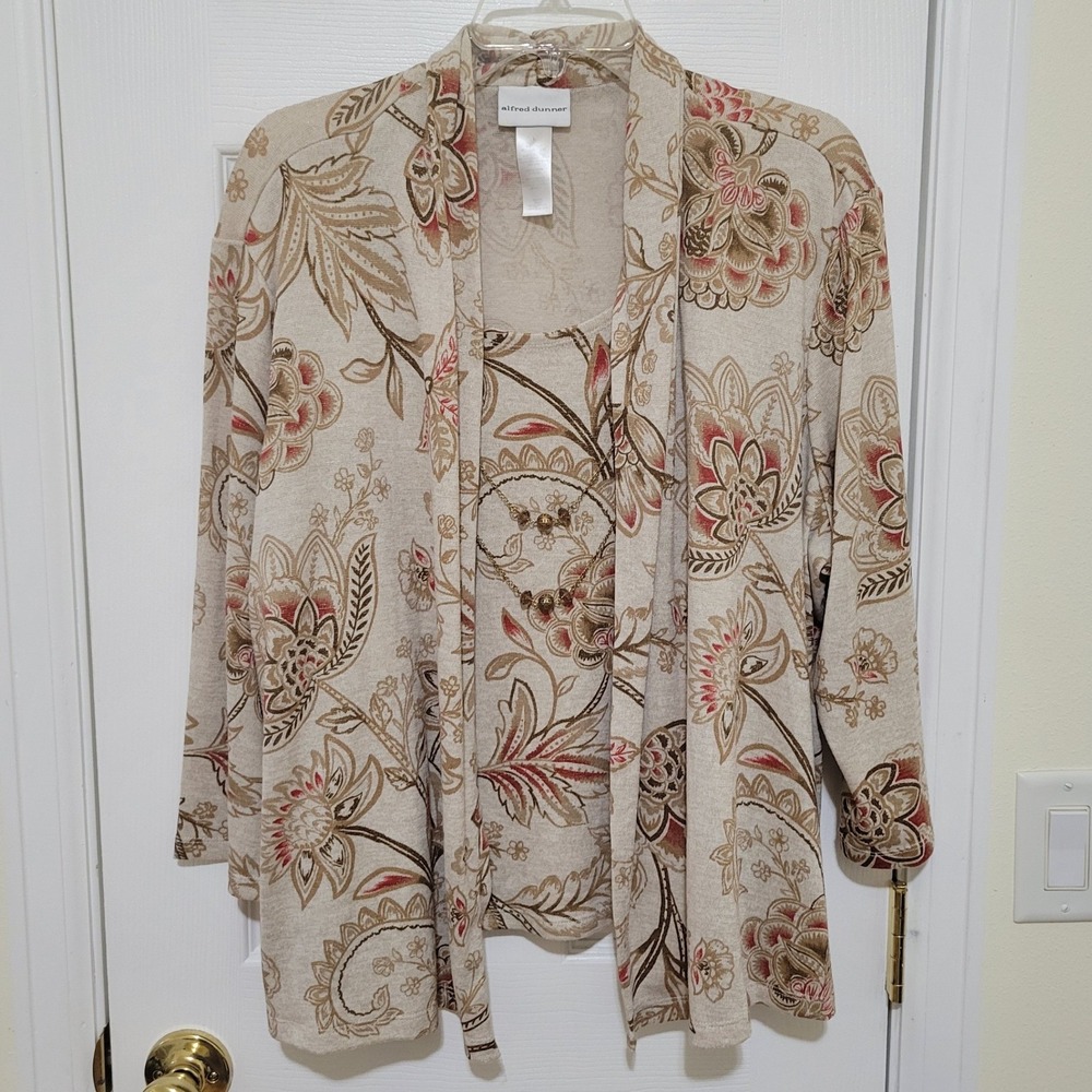 Alfred Dunner Womens Large Beige Floral Cardigan Tank One Piece with Necklace